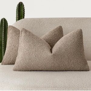Pack of 2 Textured Boucle Throw Pillow Covers Accent Lumbar 12x20 Tan Khaki